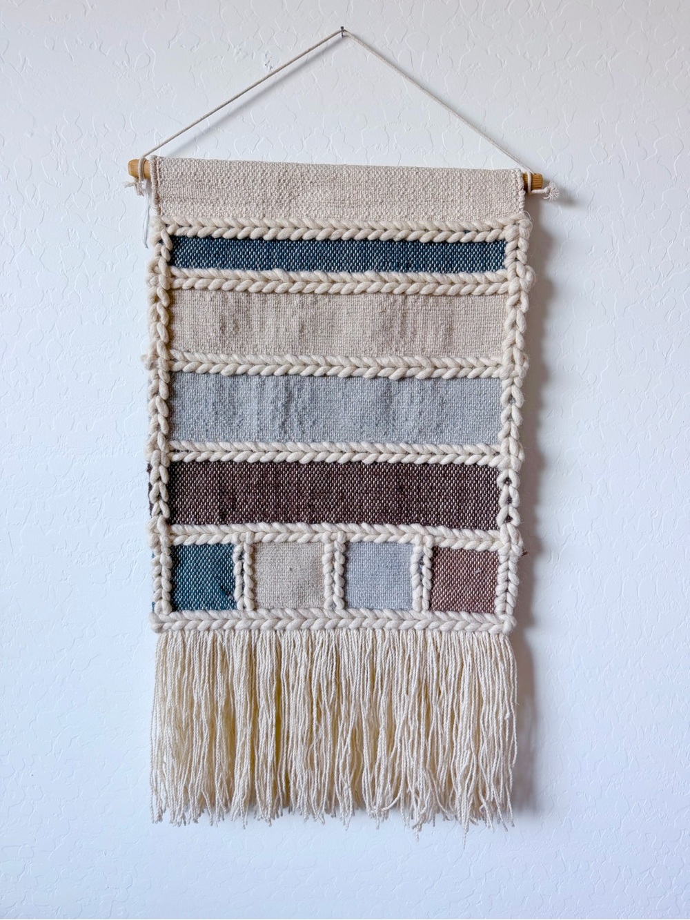 Handwoven Neutral and Blue Wall Tapestry with Fringe